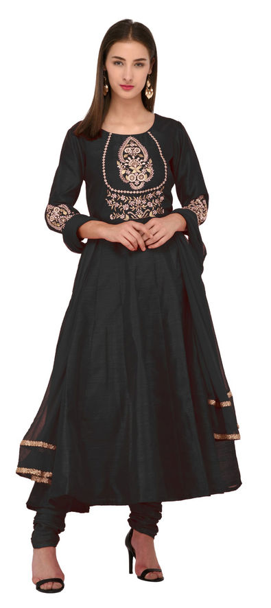 Grey Cotton Traditional Wear Embroidery Work Dress Material