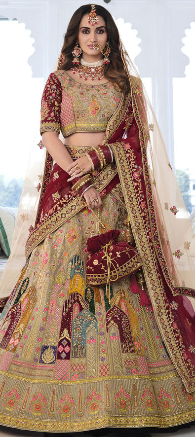 Silk Bridal Lehenga in Regal Red, Brown, and Maroon with Ethereal Orga –  Bhasin Bros