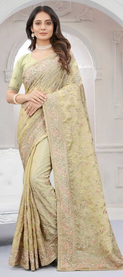 Traditional, Wedding Green color Organza Silk, Silk fabric Saree