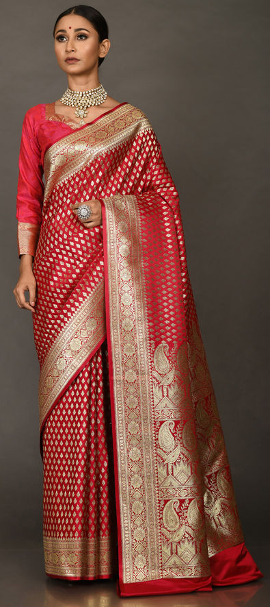 A glam Red Soft Silk Saree With Classic Blouse Piece – LajreeDesigner