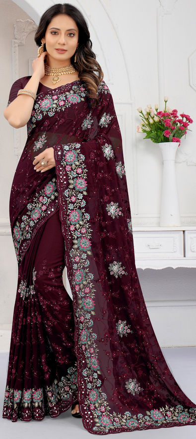 Wine Georgette Ceremonial Designer Saree