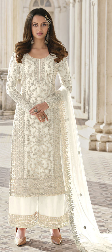 Festive, Party Wear White and Off White color Net fabric Salwar Kameez ...