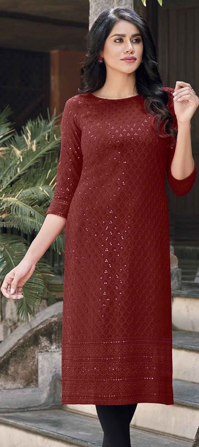 Ideal Embroidered Red Rayon Party Wear Kurti