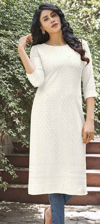 Titali Off-White Embroidered Stylish Kurti With Blue Cotton Pant | Bhadar
