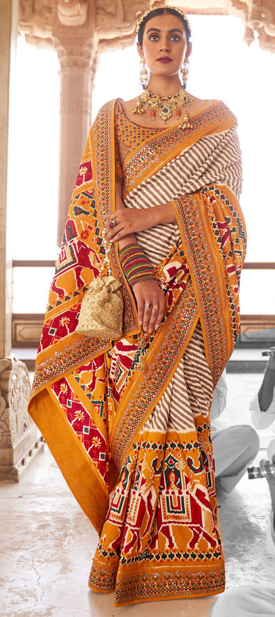 Patola Silk Saree | Orange, Green Color Panetar Wedding Saree | Doli Design  Saree