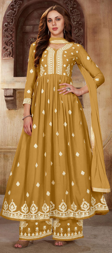 Buy Party Wear Yellow Sequins Work Faux Georgette Anarkali Suit Online From  Surat Wholesale Shop.