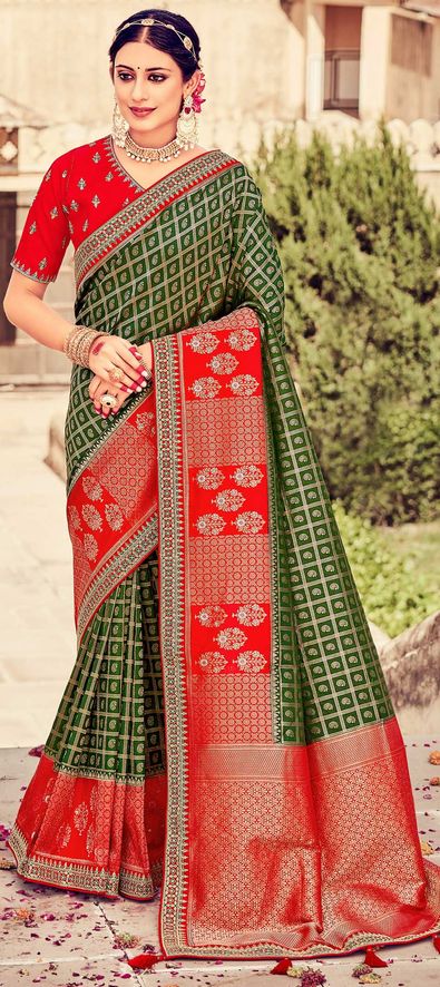 Kanchipuram Silk Brocade Dark Green Saree | Kankatala