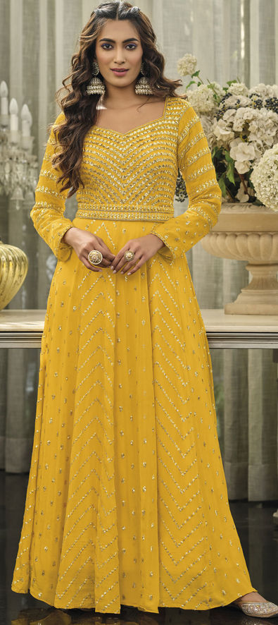 Designer Yellow Color Floor Touch Gown With Dupatta in Georgette (D831–  PAAIE