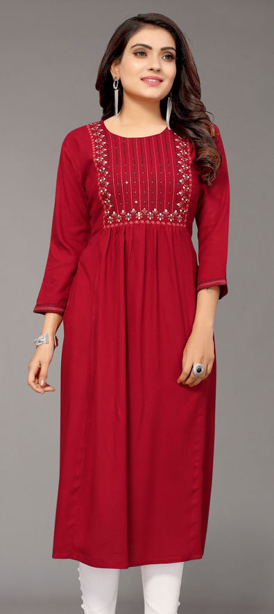 Buy Beautiful Rayon Embroidered Straight Red Kurti For Women Online In  India At Discounted Prices