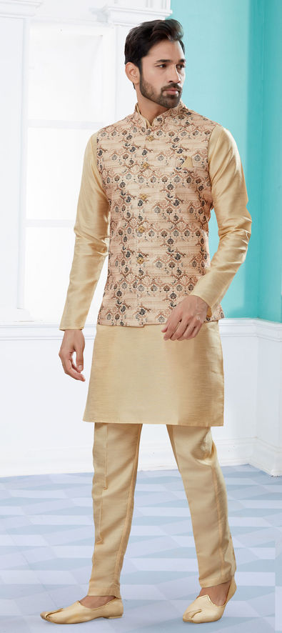 Buy SOJANYA Men Silk Blend Gold Kurta & Churidar Pyjama with Mirror Work  Nehru Jacket (Set of 3) online