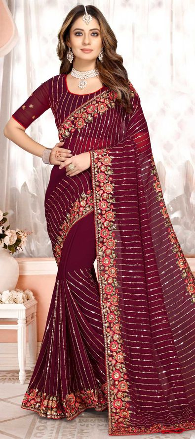 Wedding Wear Embroidered Mirchi Fashion Maroon Faux Georgette Bridal Wear  Saree at Rs 1995 in Surat