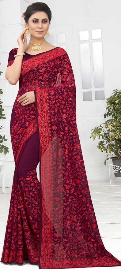 Designer, Reception Red and Maroon color Chiffon fabric Saree : 1828225