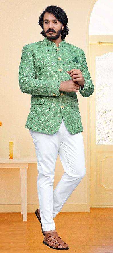 Green Velvet Jodhpuri Suit With Pocket Square