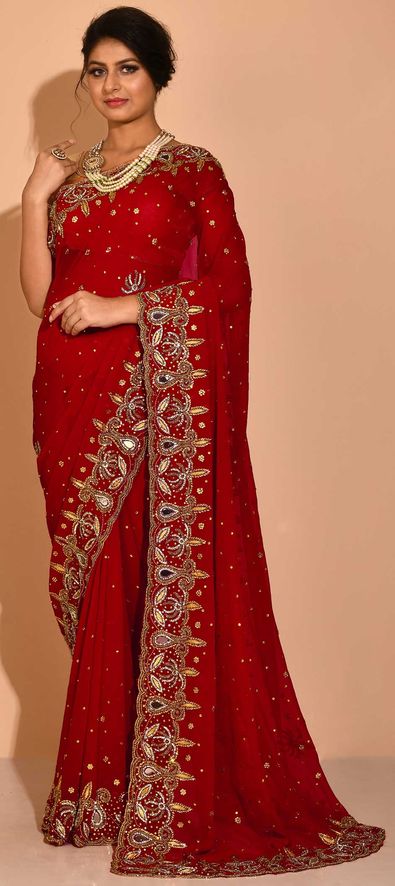 Bridal, Traditional, Wedding Red and Maroon color Silk fabric Saree :  1924382