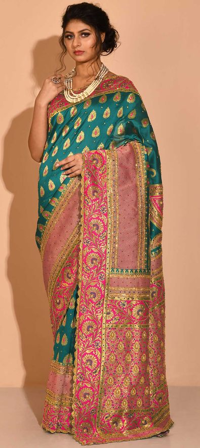 Banarasi Style Blue & Pink Cotton Silk Woven Saree With Unstitched Blouse