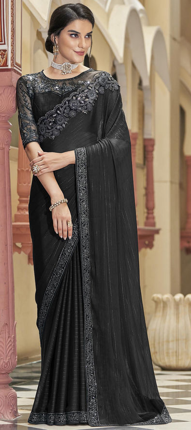 Patterned Stone Work Embroidered Net Dusty Black Saree|SARV113846