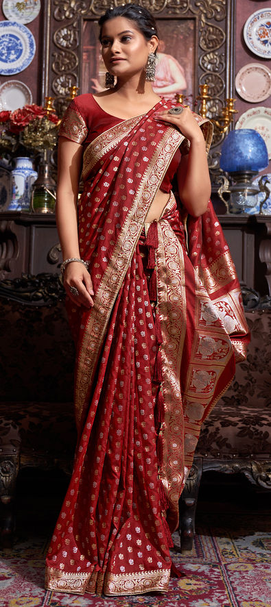 Buy Maroon Embroidered Designer Traditional Wear Silk Sari| Wedding Sarees