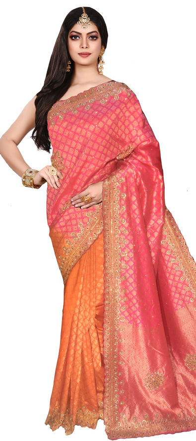 Peach Color Weaving Work Silk Contemporary Saree For Wedding