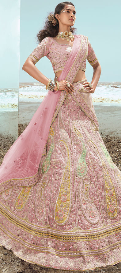 Reception, Wedding Pink and Majenta color Organza Silk, Silk fabric Lehenga  : 1826588