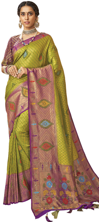 LIME GREEN AND YELLOW WOVEN PURE BRASSO CHIFFON SAREE WITH BROCADE BLO –  zarikaariindia.com