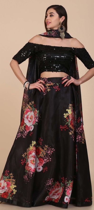 Floral Printed Satin Silk Lehenga Choli in Black - Ucchal Fashion
