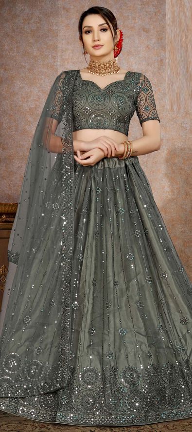 Steel Grey Silk Printed Lehenga LLCV111559