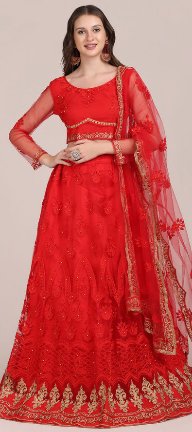 Red Georgette Reception Wear 3 Piece Lehenga With Sequins Work And  Embellished Blouse