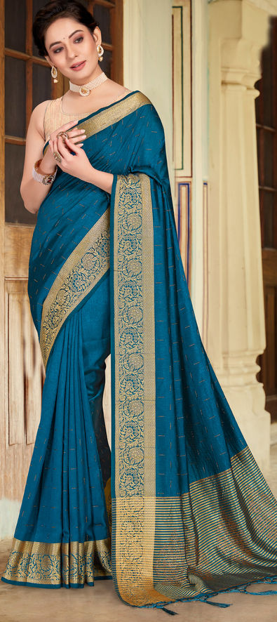 Sea Blue Woven Lucknowi Chickankari Modal Saree