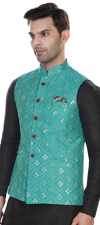 WINTAGE Men's Poly Cotton Festive and Casual Nehru Jacket Vest Waistcoat :  Blue