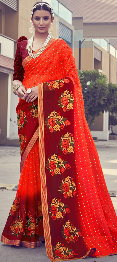 Casual, Festive, Party Wear Red and Maroon color Chiffon fabric Saree :  1769799