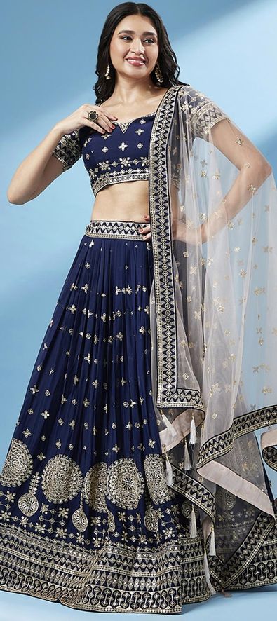 Buy Aqua Blue Viscose Engagement Lehenga Choli with Heavy Embroidery Work  From Khushkar. FREE STITCHING FOR USA