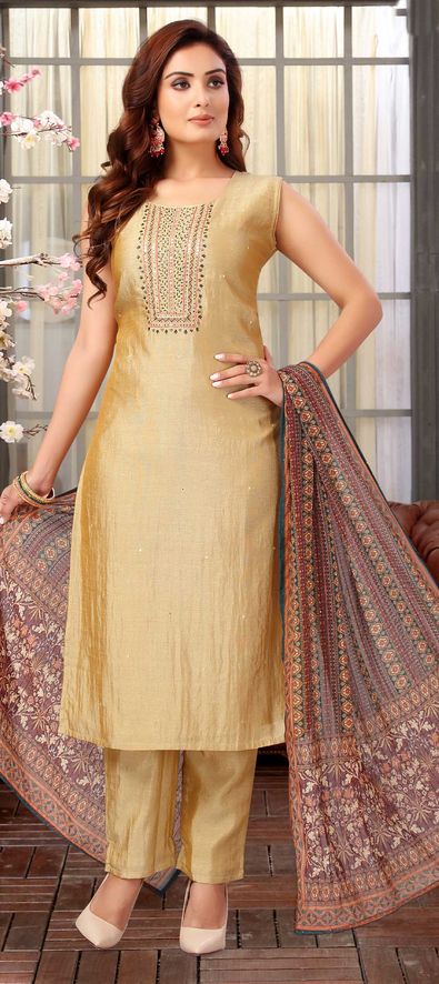 Awesome Patch Border Work Art Silk Churidar Designer Suit