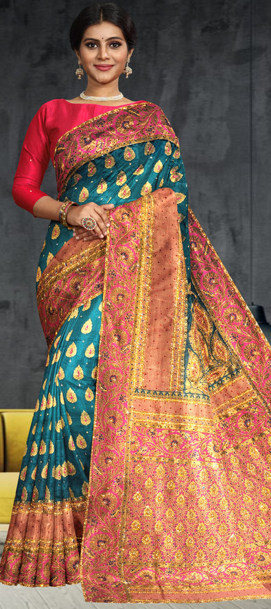 Blue Pink Handloom Jute Silk Saree |Festive collection|Diwali Special – The  Phoenix Company