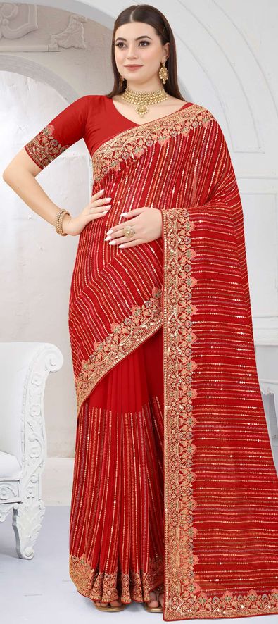 Buy Now Designer Red And Orange Colored Partywear Half & Half Saree – Lady  India