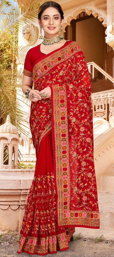 Engagement, Reception, Wedding Red and Maroon color Organza Silk, Silk  fabric Saree : 1909296