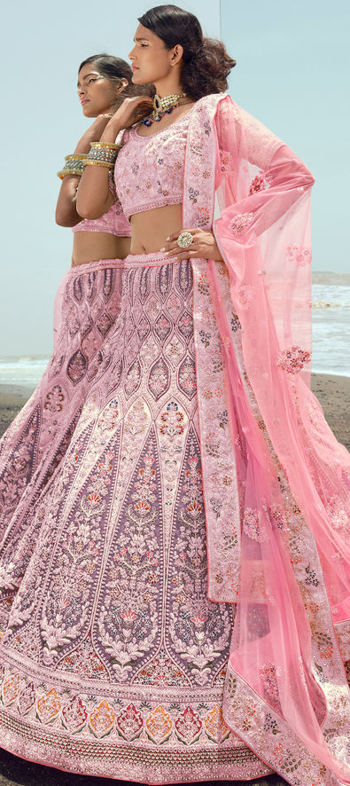 Buy Onion pink and purple georgette wedding lehenga in UK, USA and Canada