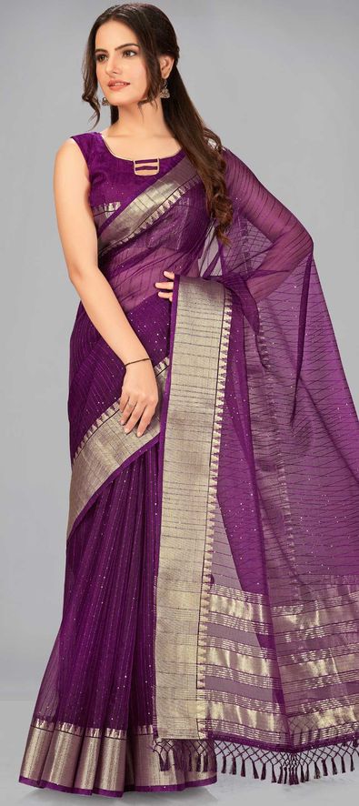 Pink & Purple Handloom Silk Cotton Mangalgiri Saree – Indiva