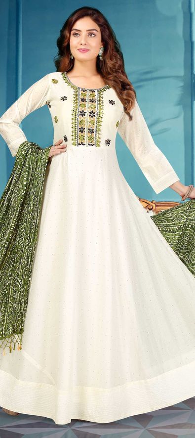Check out the elegant Embroidered Crepe Anarkali Suit in Off White - Salwar