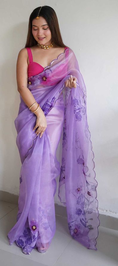 Classy Art Silk Fabric Lavender Color Fancy Work Saree