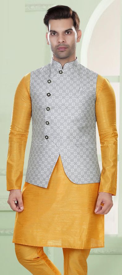 Stylish Grey Embroidered Nehru Jacket Set