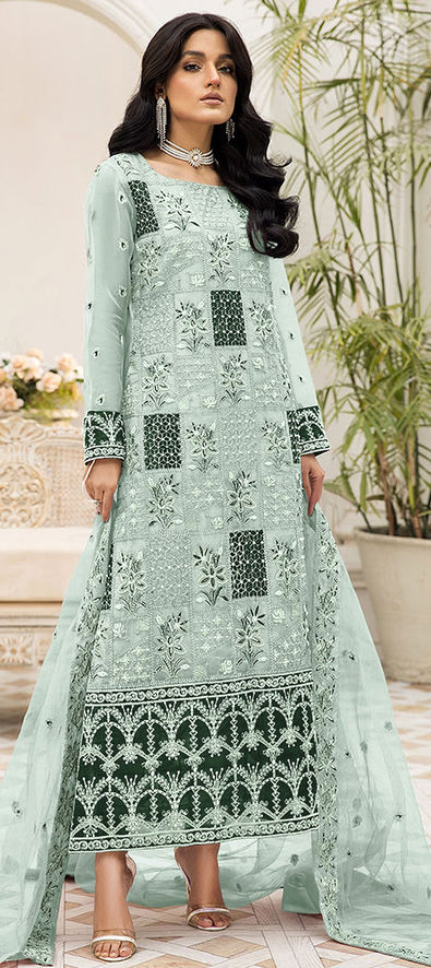 Grey Cotton Traditional Wear Embroidery Work Dress Material