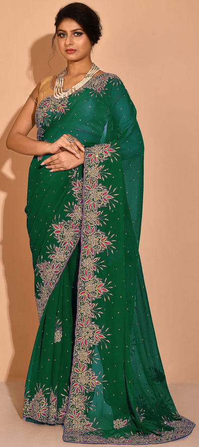 Shop Stunning Green Embroidered Chinon Silk Wedding Saree
