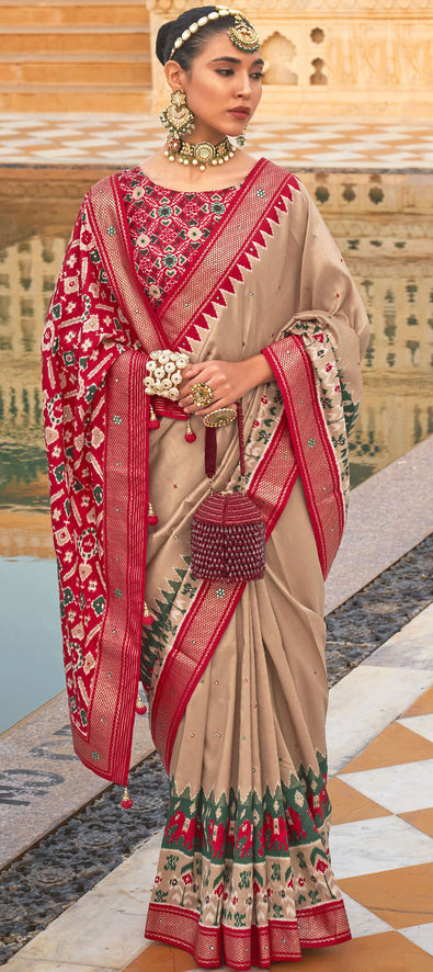 Silk Sarees : Cream kanchipuram soft lichi silk jacquard ...