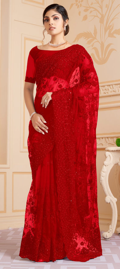 Pearl Red Organza Saree – MySilkLove