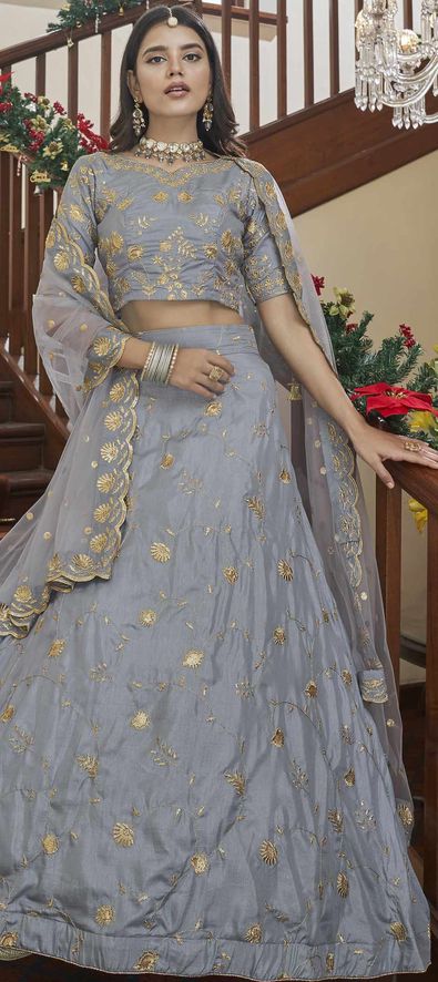 Chinnon Silk Party Wear Lehenga In Grey Color With Embroidery Work - Lehenga