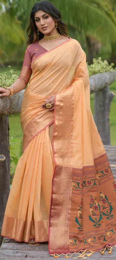 Cashmere Light Orange Linen Saree – MySilkLove