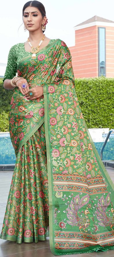 Green Soft Handloom Cotton Saree With Contrast Border - Balaram Saha