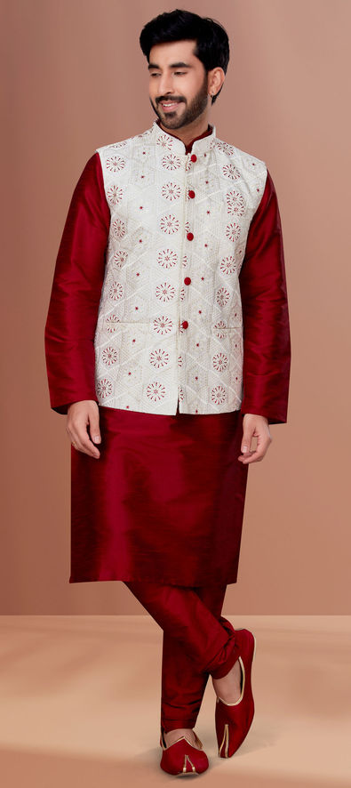 Buy Silk Off White and Red Kurta Payjama With Jacket Online : 229577 -