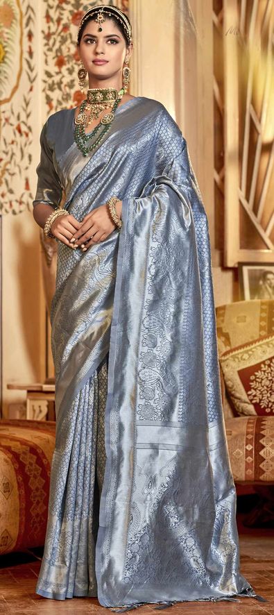 VP EX Pure Kanchipuram Silk Saree _Coffee with light Blue Silver color Pattu  | eBay