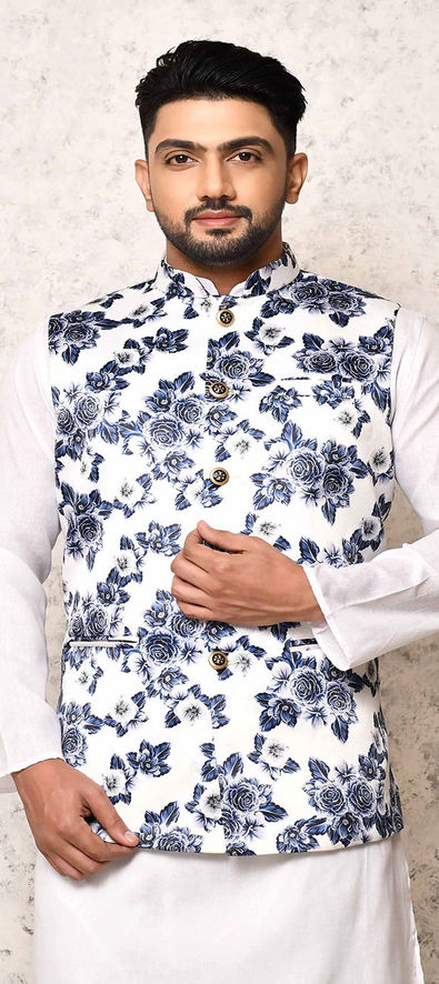 IDDHA White Floral Print Men's Nehru Jacket, Indian Festival & Wedding  Outfit (42) at Amazon Men's Clothing store